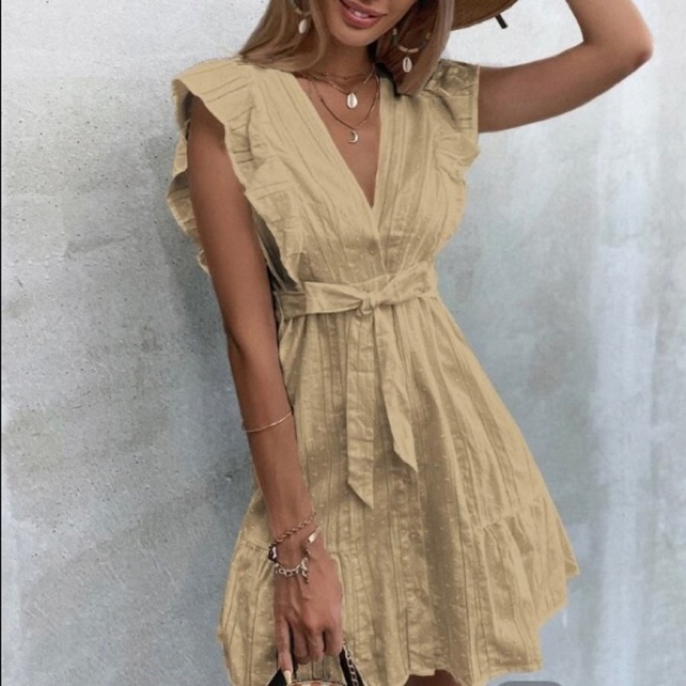 Plunging Neck Ruffle Trim Belted Dress